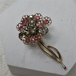 Sweet Vintage Flower Pin Brooch Pink Rhinestones